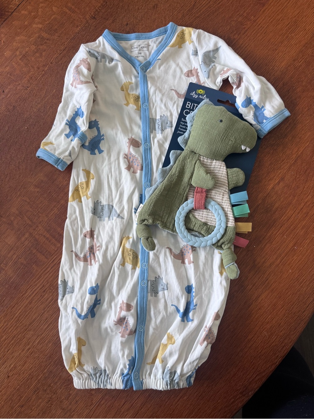 Kissy Kissy Dino Print Gown + Itzy Ritzy Dinosaur Crinkle Toy Bundle | NWOT/NWT
